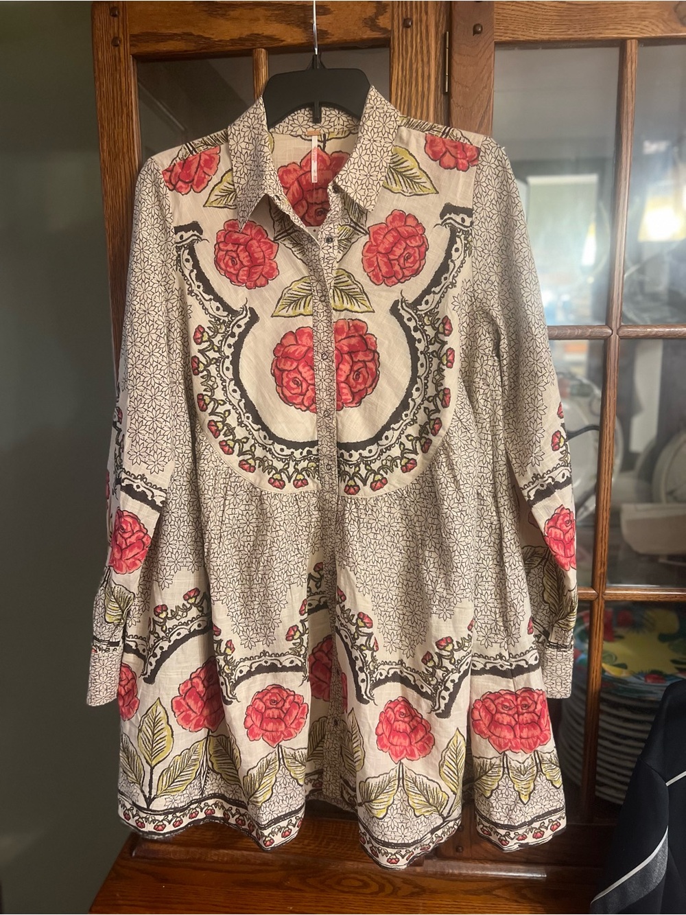 Free People Long-Sleeve Floral Snap Front Dress in Cream and Pink